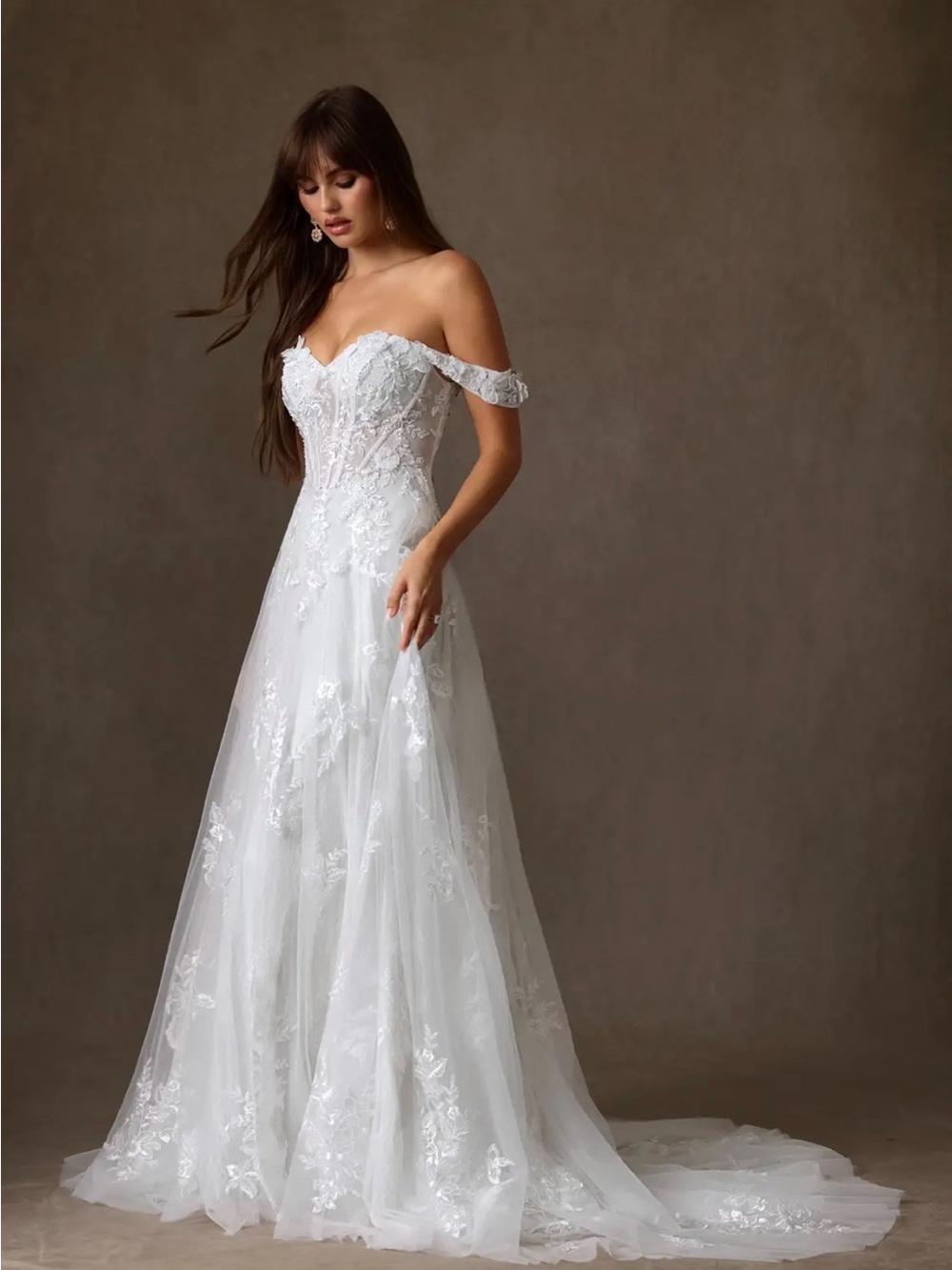 Azazie White Off-Shoulder Lace Bridal Dress with Floral Appliqué